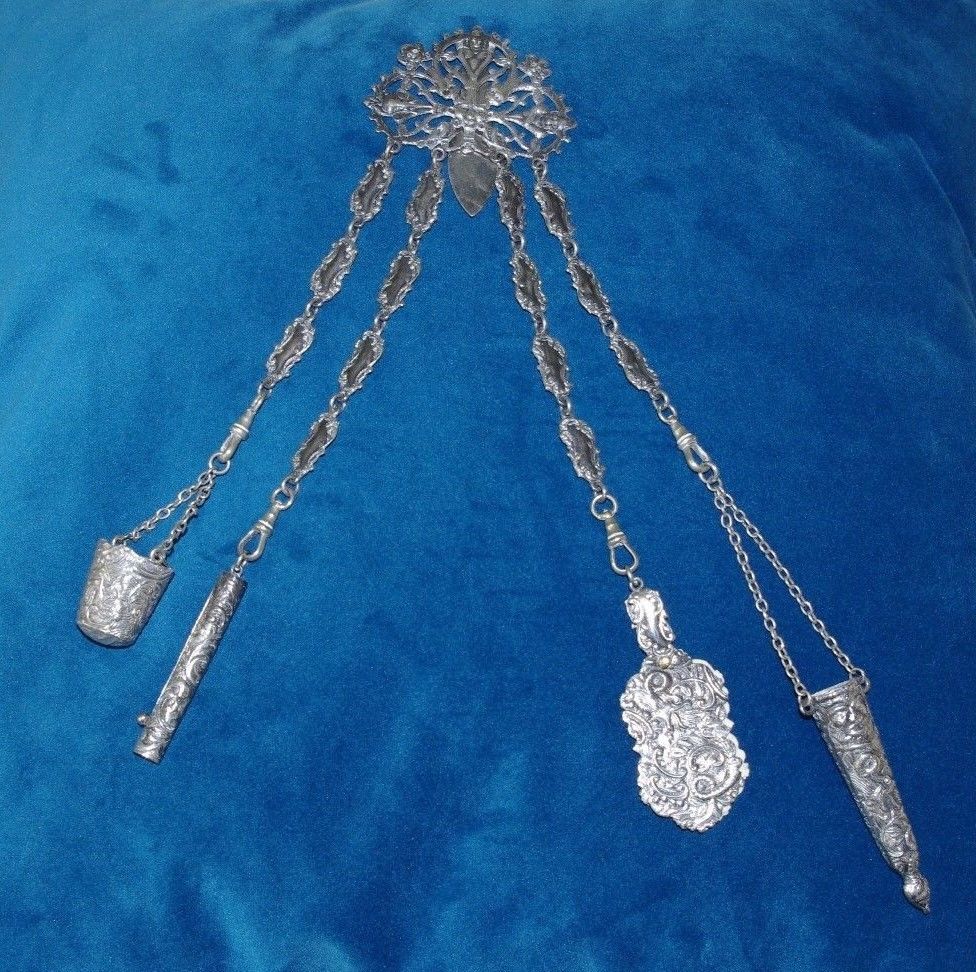 FINE VICTORIAN ANTIQUE SILVER PLATE CHATELAINE - WITH ORIGINAL SEWING ...