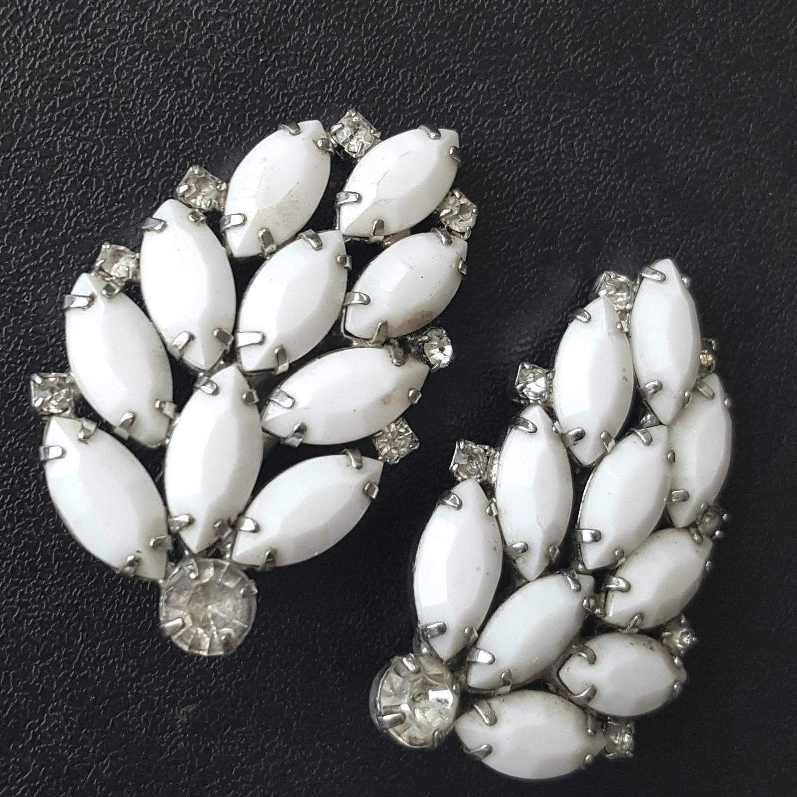 White milk glass clip on vintage earrings