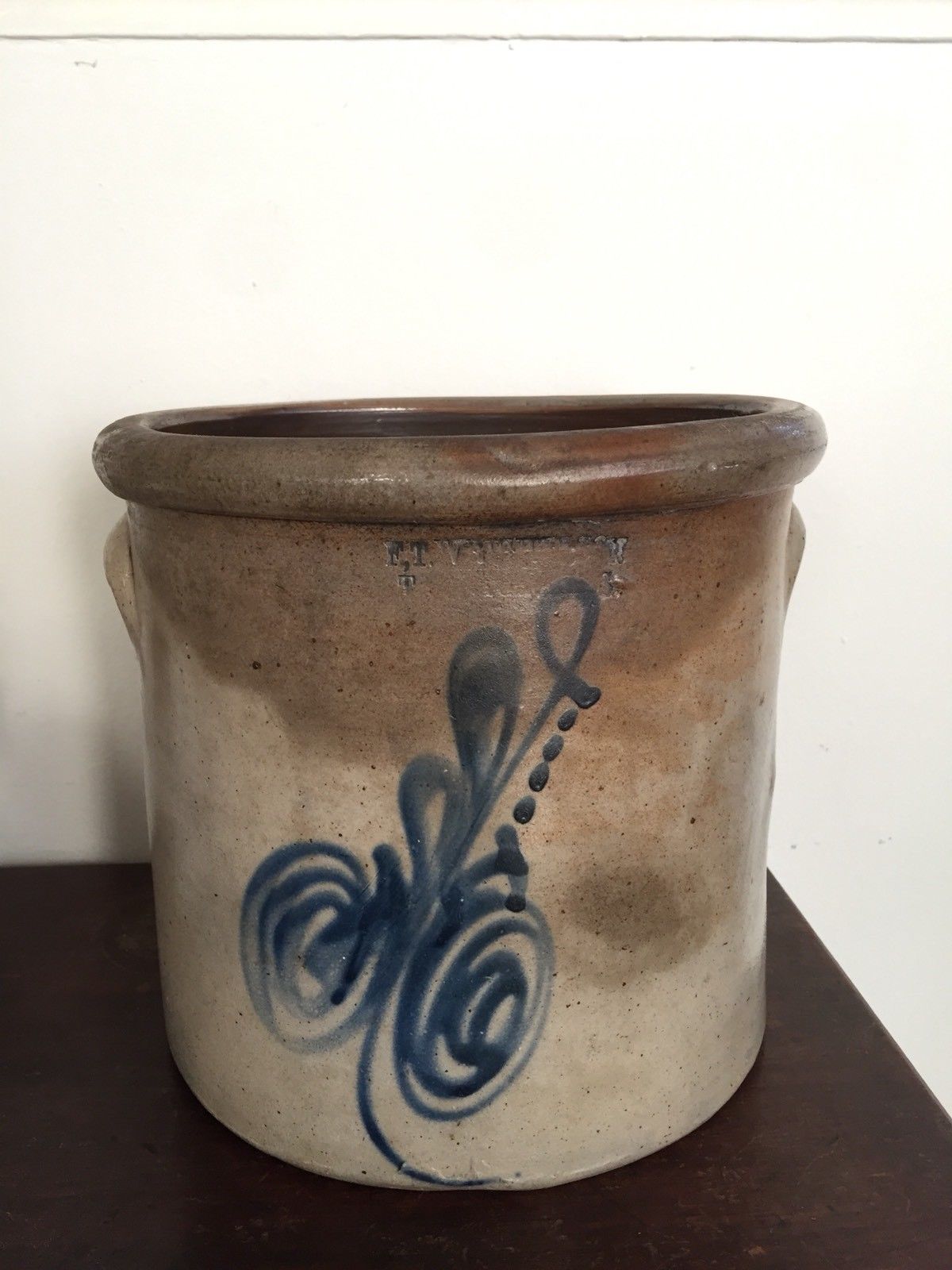 19th C Salt Glazed Stoneware 2 Gal Crock W Slip Trailed Cobalt