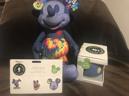 Disney 2018 Mickey Mouse Memories June Limited Edition Plush, Mug, and Pins -- Antique Price