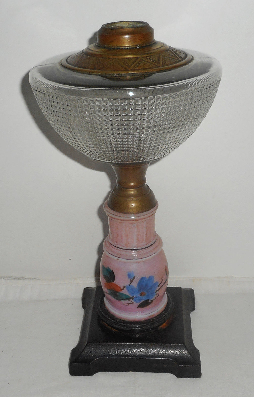C1880s Composite Iron Base Oil Lamp Pink Floral Stem Waffle Font Fancy