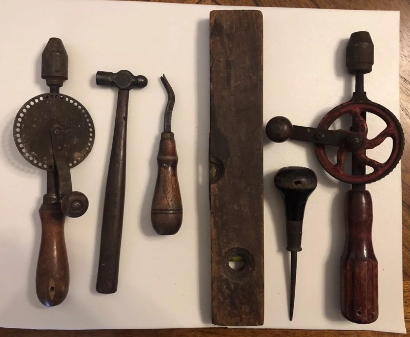 Vintage Tool Lot Hand Drill Level Tiny Tack Hammer Antique Price