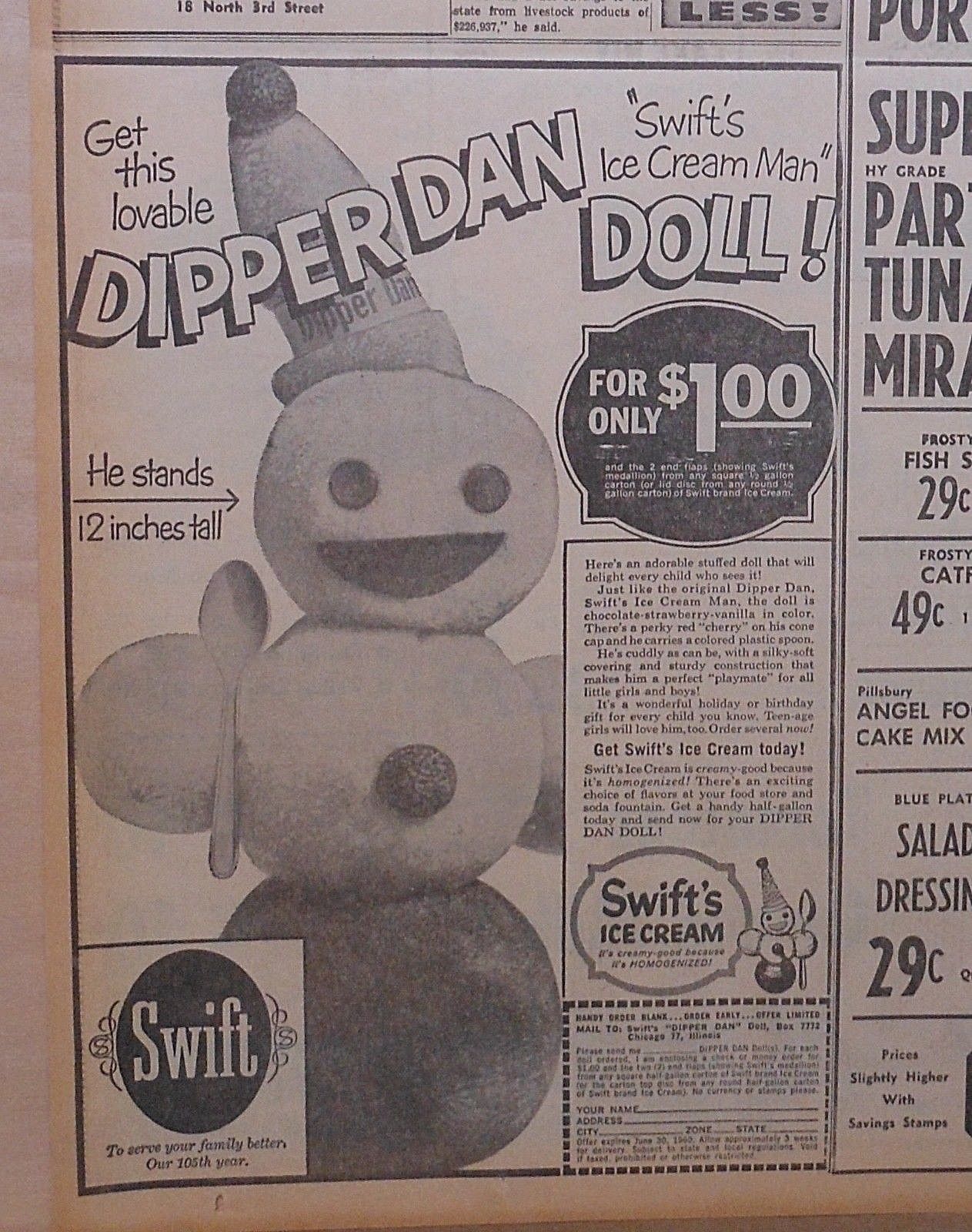 1960 newspaper ad for Swift''s Ice Cream "Ice Cream" Dipper Dan doll