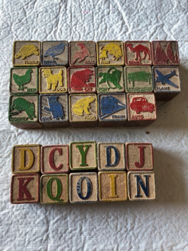 Vintage Antique Set Of 27 Assorted Wood Alphabet Abc Blocks Pictures