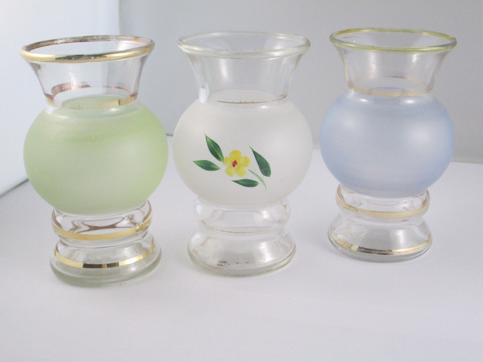 Vintage Glass Vases Set Of Three Frosted Clear Glass Gold Trim