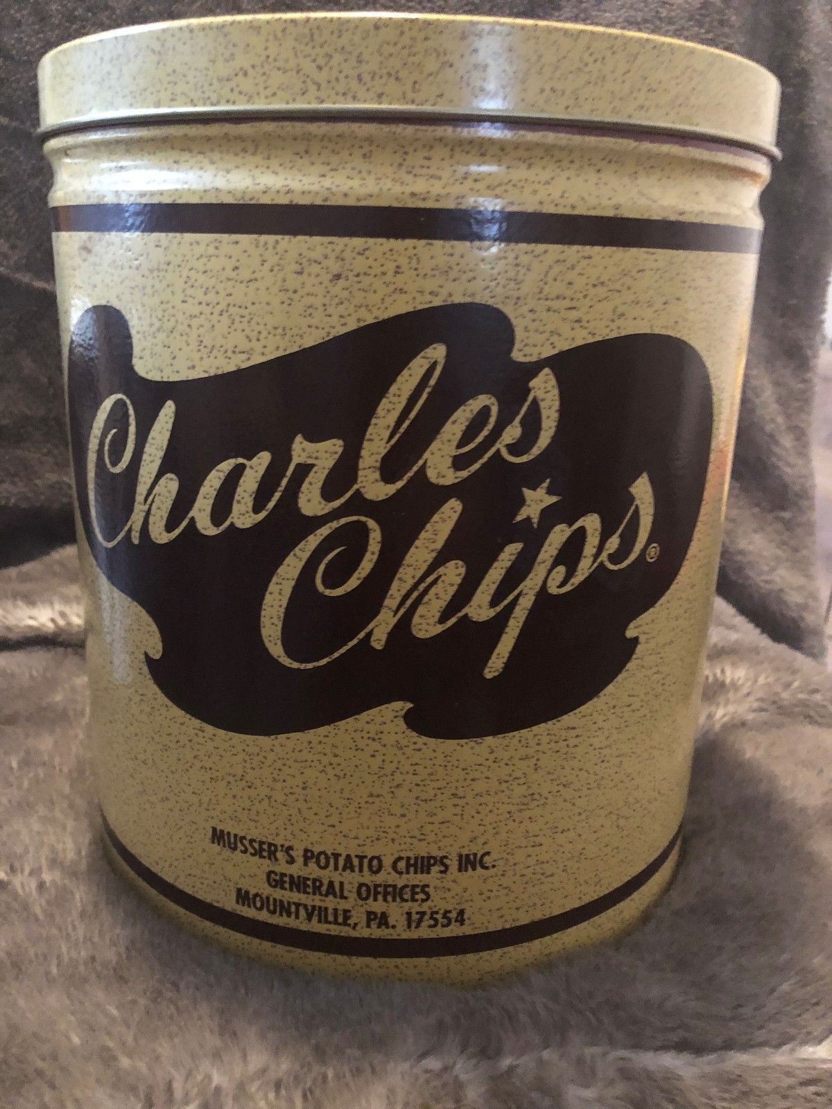 Vintage Charle''s Chips unsalted tin Musser''s Potato Chips inc Large