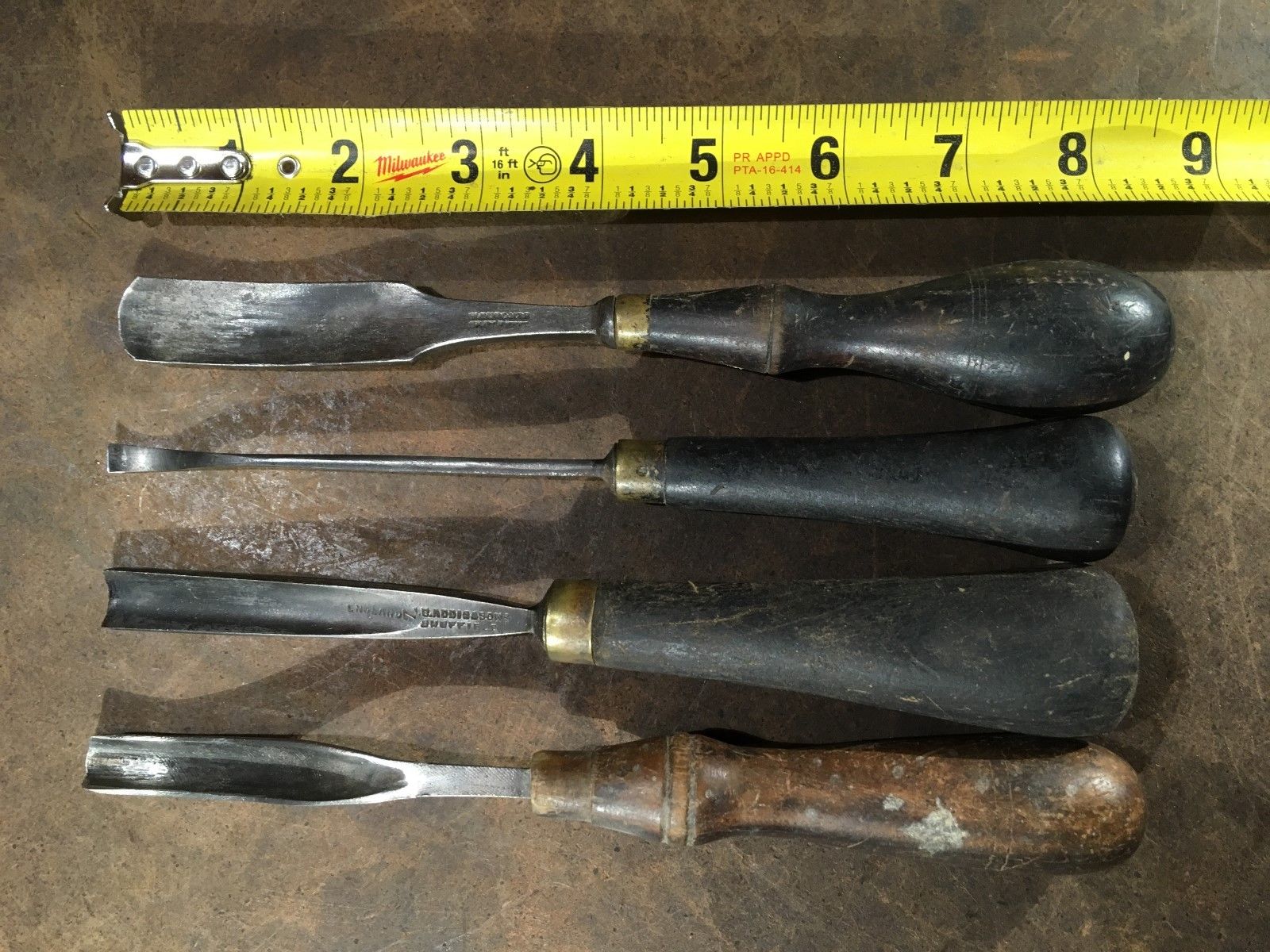 4 Vintage Tang Carving Gouges, Addis, Keen Kutter, Waucomb?, no name ...