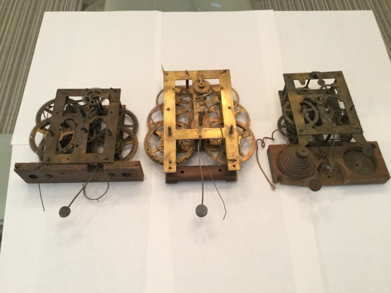 ESTATE RARE LOT OF 3 ANTIQUE FORESTVILLE BRASS FUSEE CLOCK MOVEMENTS