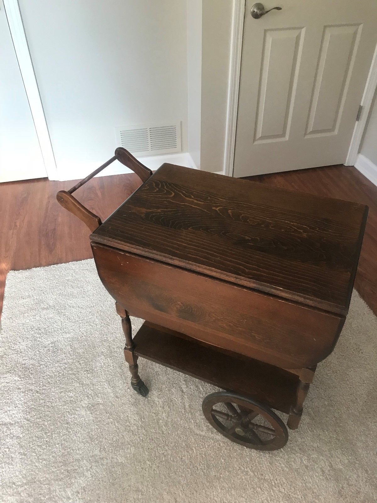 Antique Drop Leaf Tea Cart server Table Dark Brown Wood Wheels Local