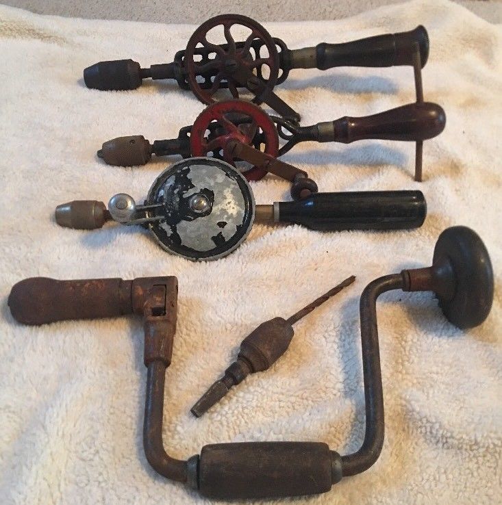 3 Egg Beater Hand Drills & 1 Brave Drill. Antique Original. Woodworking
