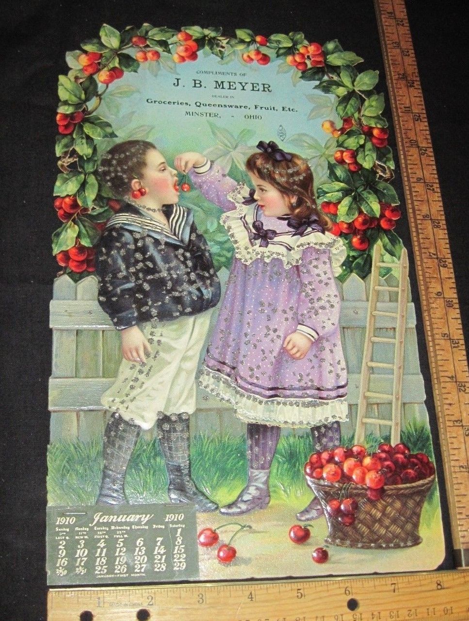 Antique Die Cut Store Advertising Trade Card Calendar Girl Feeding Boy