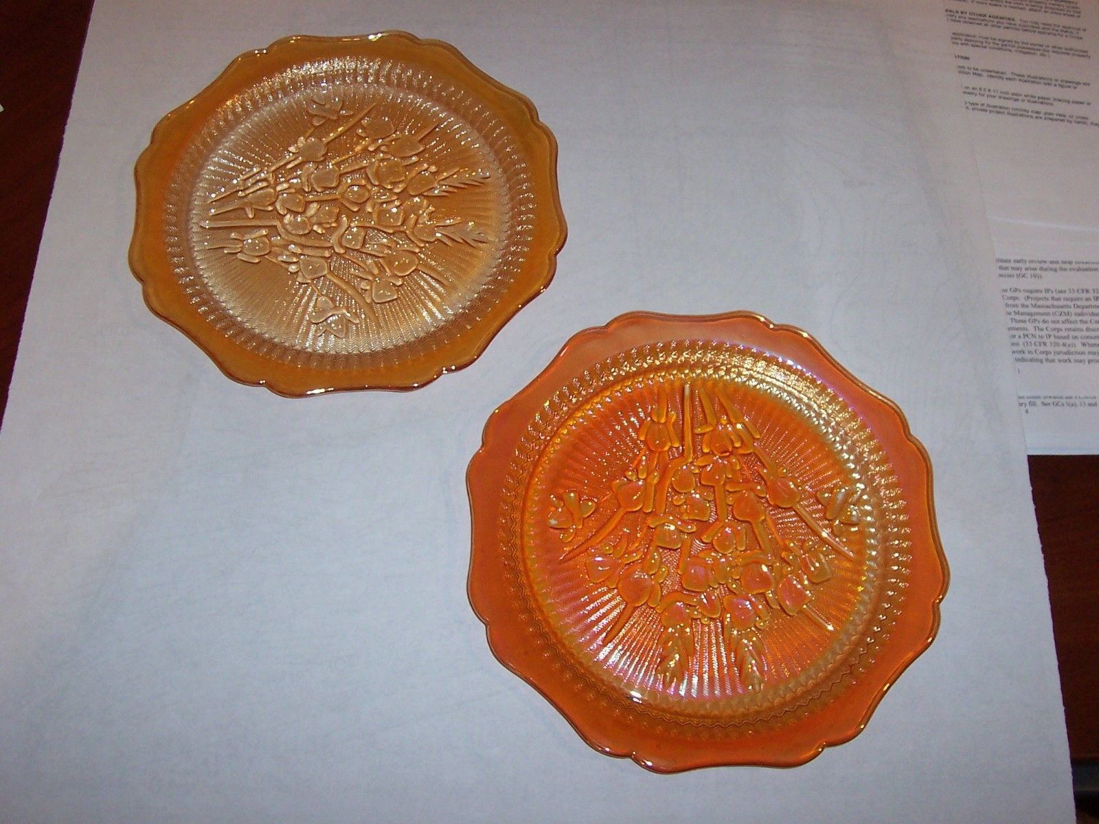 2 Jeanette Glass IRIS AND HERRINGBONE Marigold Luncheon Plates 9 1 2 2 Jeanette Glass IRIS AND HERRINGBONE Marigold Luncheon Plates 9 1 2
