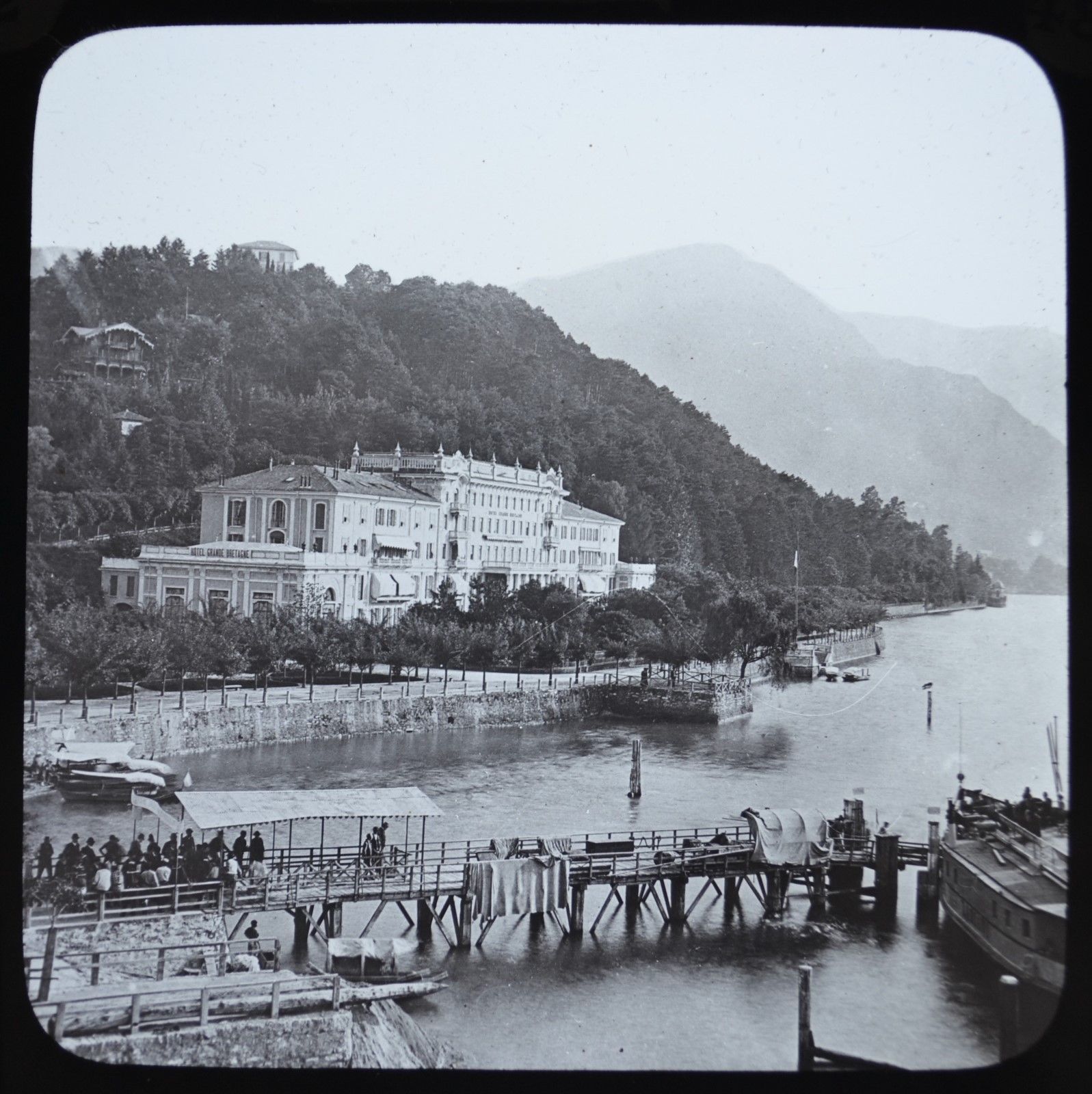 Glass Magic Lantern Slide Italy Lake Como Bellagio Hotel Grande Bretagne Jetty Antique Price Guide Details Page