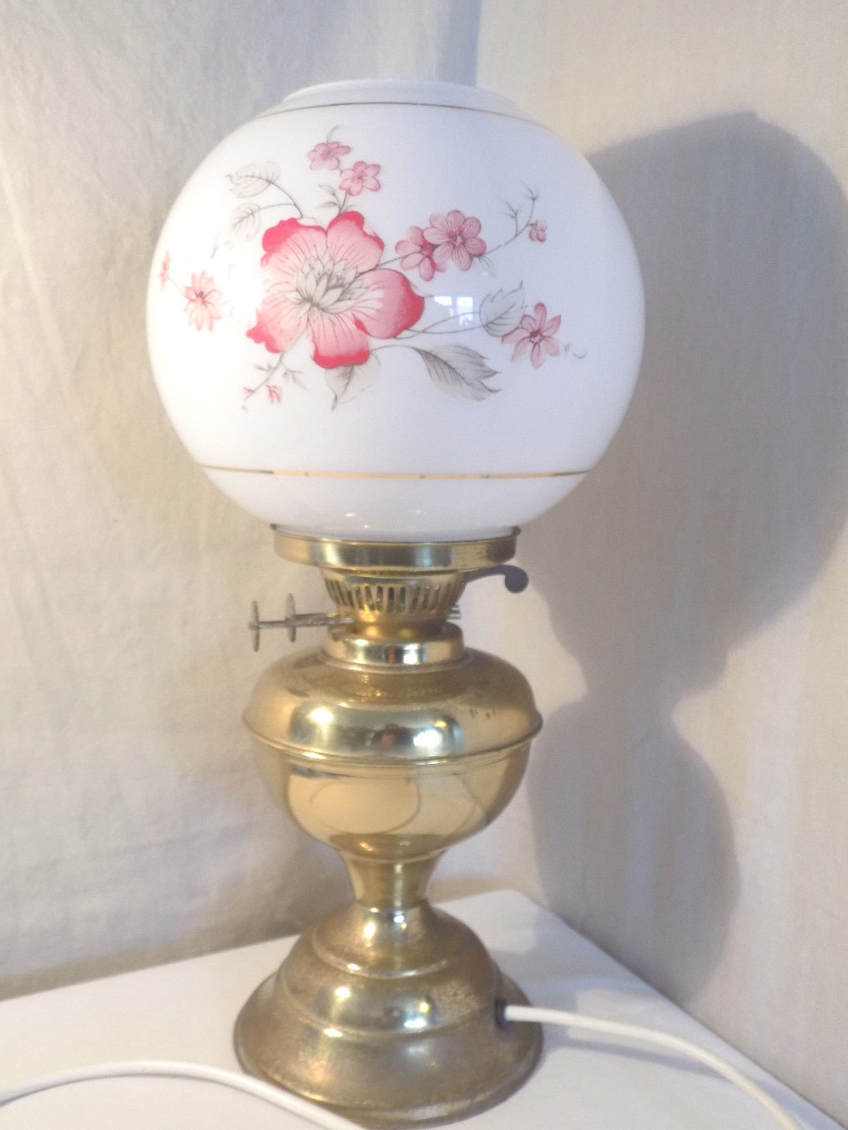 Vintage Brass Oil Lamp Converted to Electric with Glass Shade