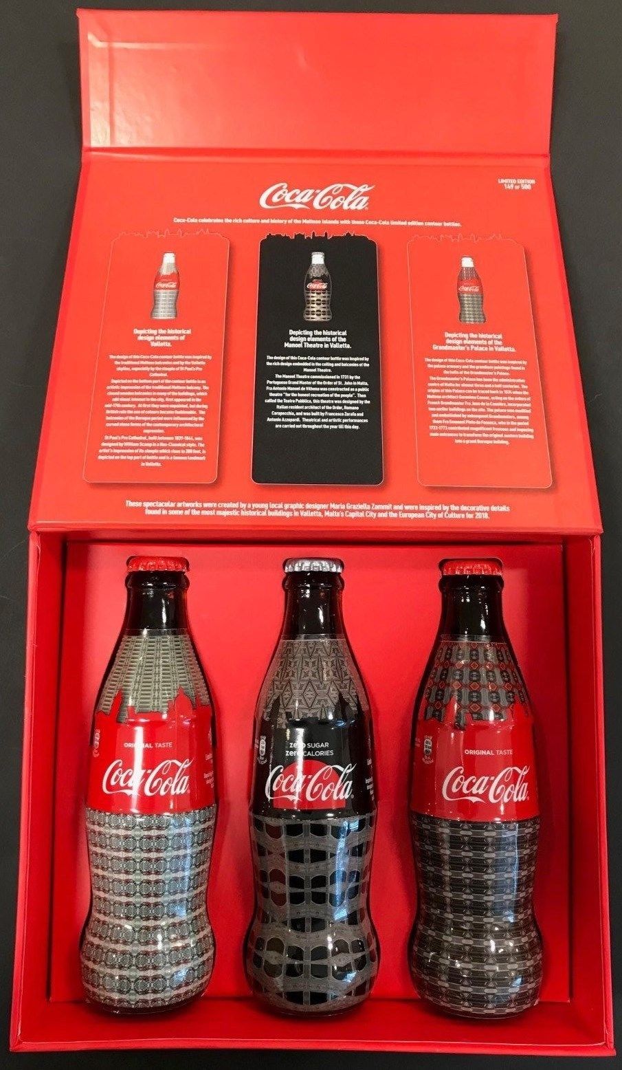 Coca Cola Malta BOX SET 3 full glass wrapped bottles 2018 EU Capital of