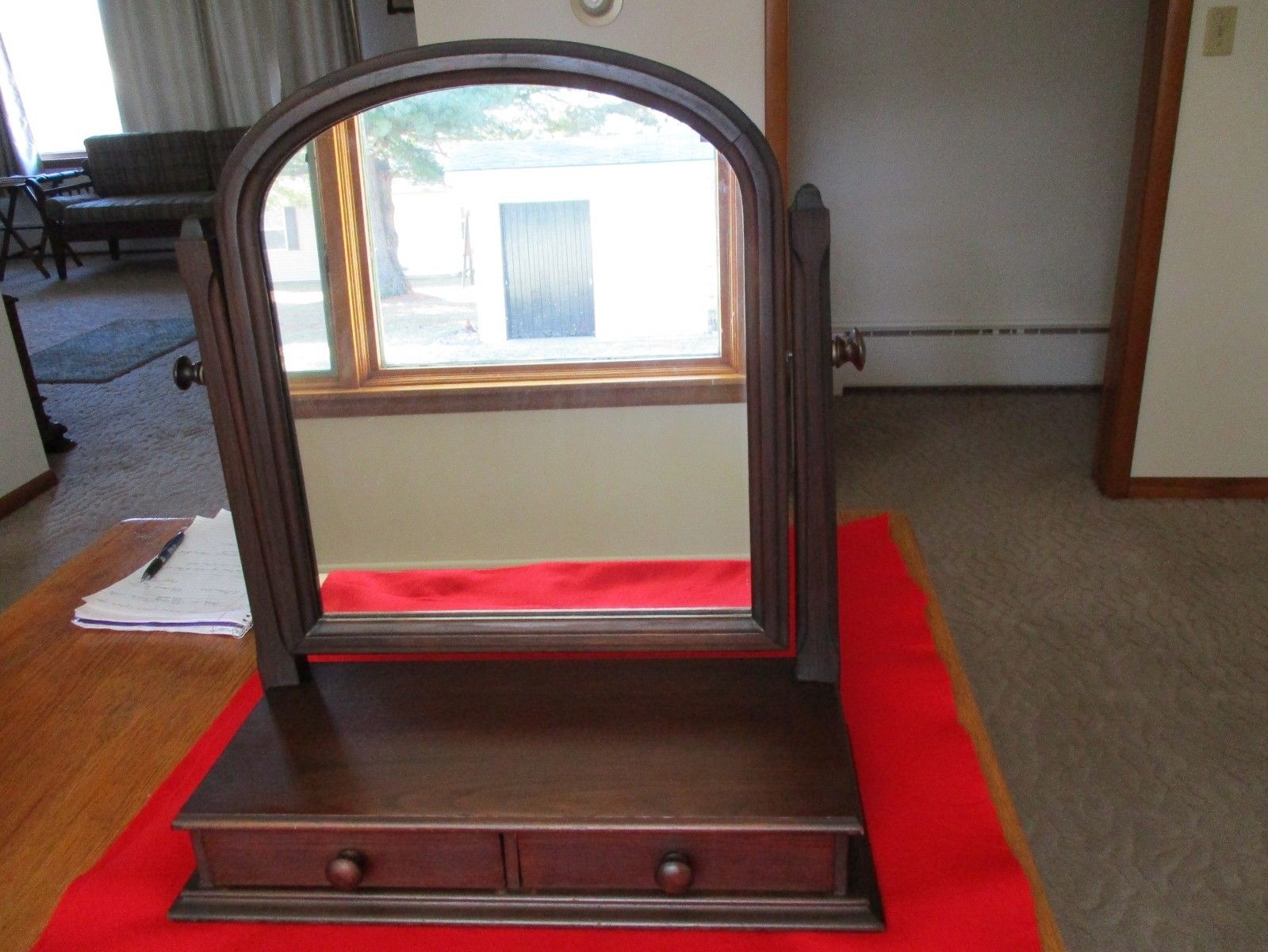 Antique Dresser Top Shaving Table Top Swivel Tilt Mirror with Drawer