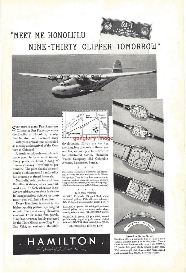 1936 Hamilton Watch 2 Vintage Print Ads Pan American Clipper, Navy
