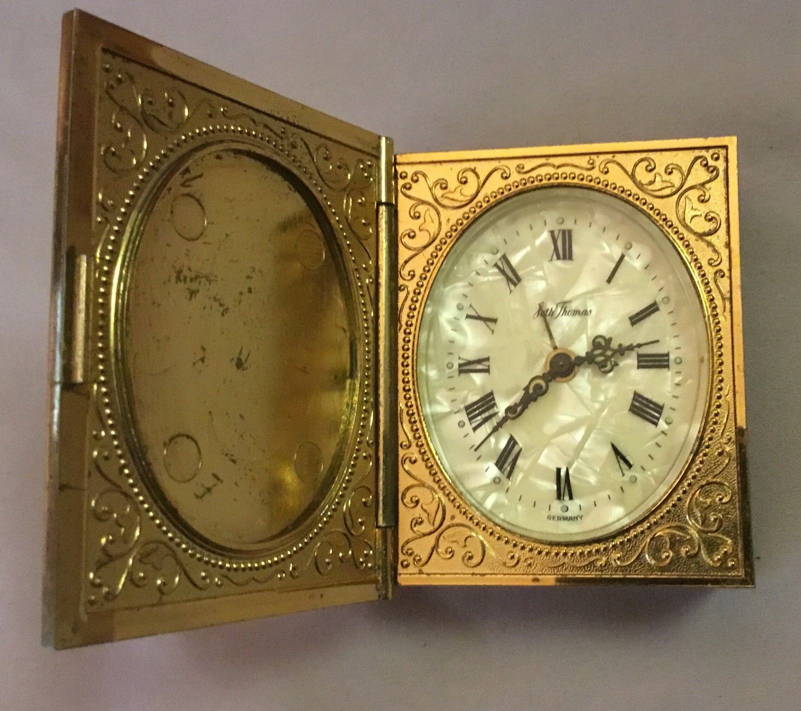 Seth Thomas Folding Small Book Figural Alarm Clock Mother Of Pearl Face