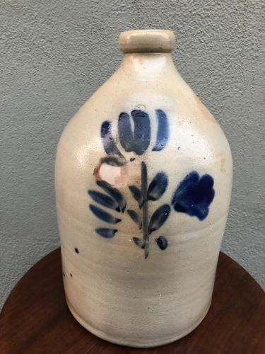 Antique New York 2 Gal Stoneware Jug Crock W Cobalt Tulip