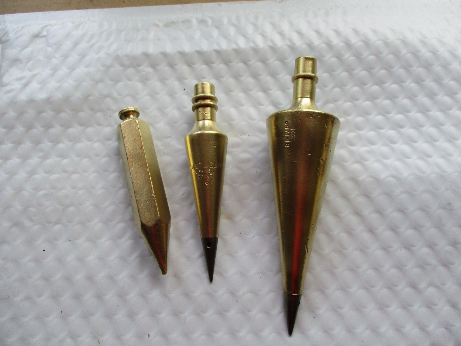 Vintage Plumb Bob Lot Of 3 Brass Plumb Bobs Kande 18 Oz Dietzgen 6 Oz Other 6 Oz Antique 