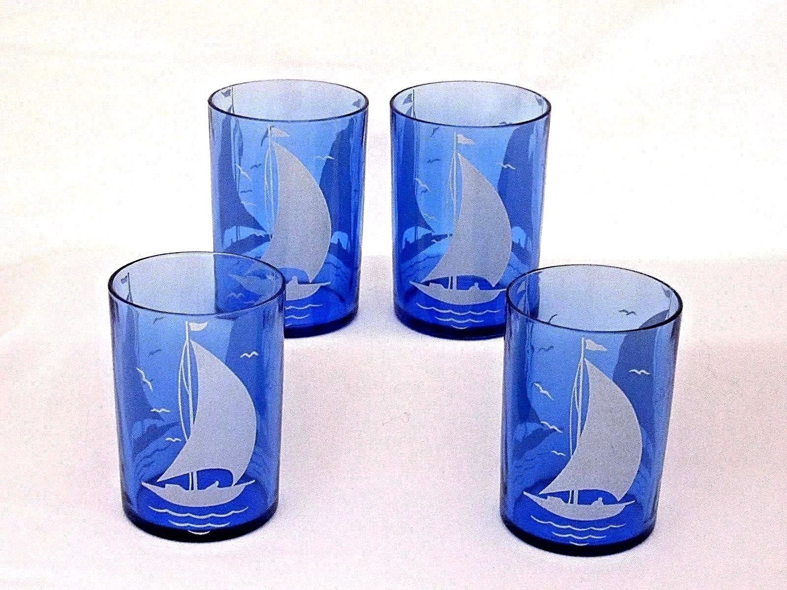 cobalt blue depression glass with sailboat