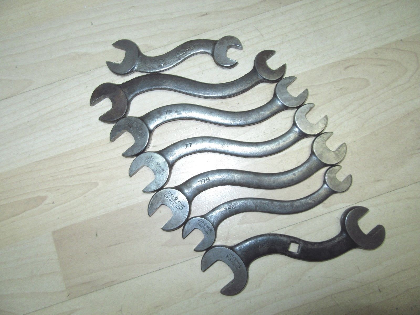 7 Vintage "S" double end Wrenches Curved mechanics tools Williams