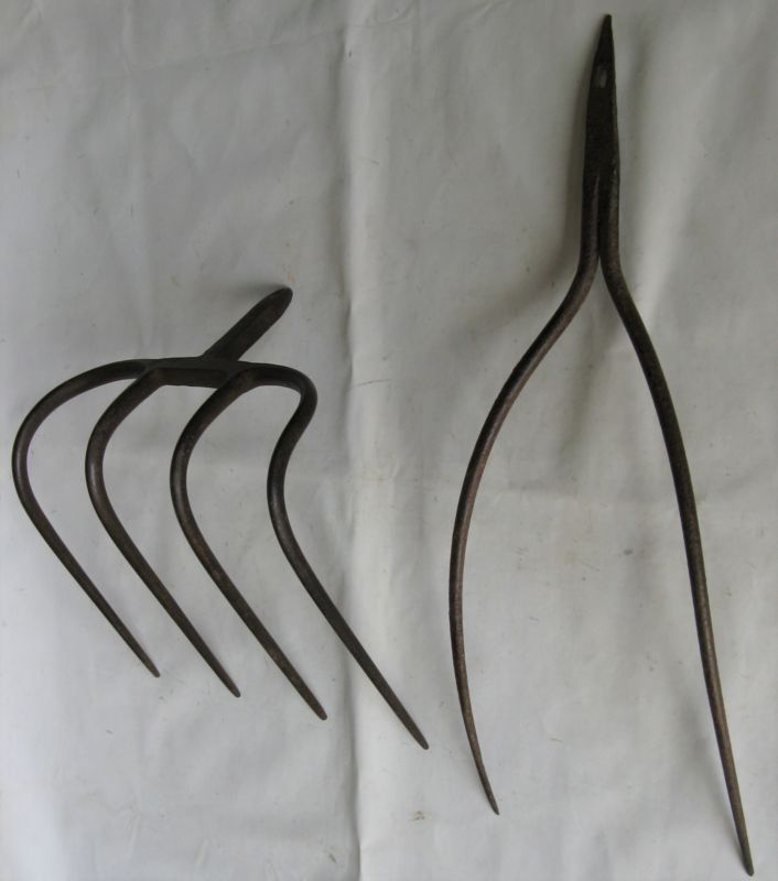 OLD FARM TOOL TWO TINE PRONG HAY FORK and SILAGE RAKE FORK Antique Price Guide Details