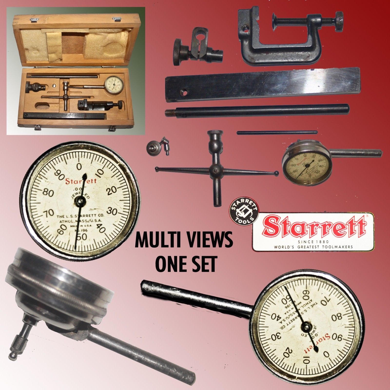STARRETT 196 UNIVERSAL DIAL TEST INDICATOR SET IN CUSTOM WOOD CASE