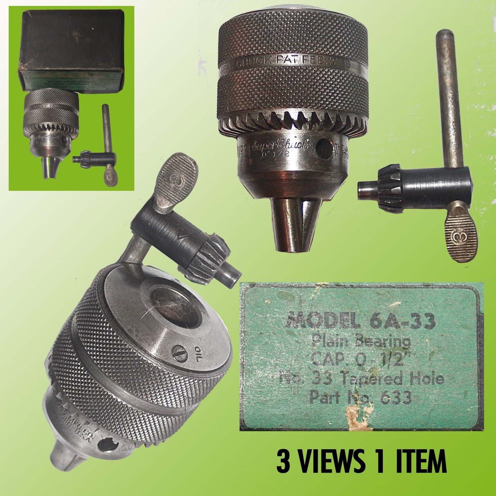 JACOBS HALF INCH DRILL CHUCK MODEL 6A33 633 TAPERED HOLE W/KEY