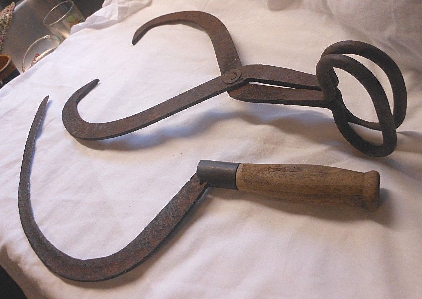Antique Iron Ice Tongs and Antique Iron Sickle Estate Great for