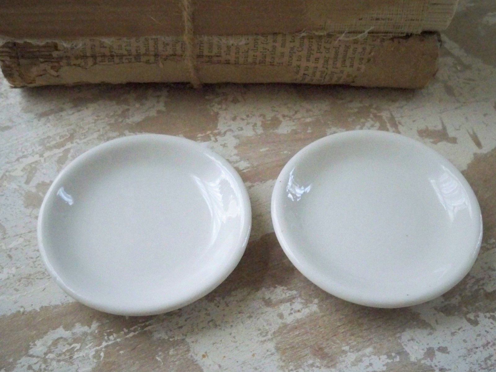 2 Antique Primitive WHITE IRONSTONE BUTTER PATS / Tea Bag Dish