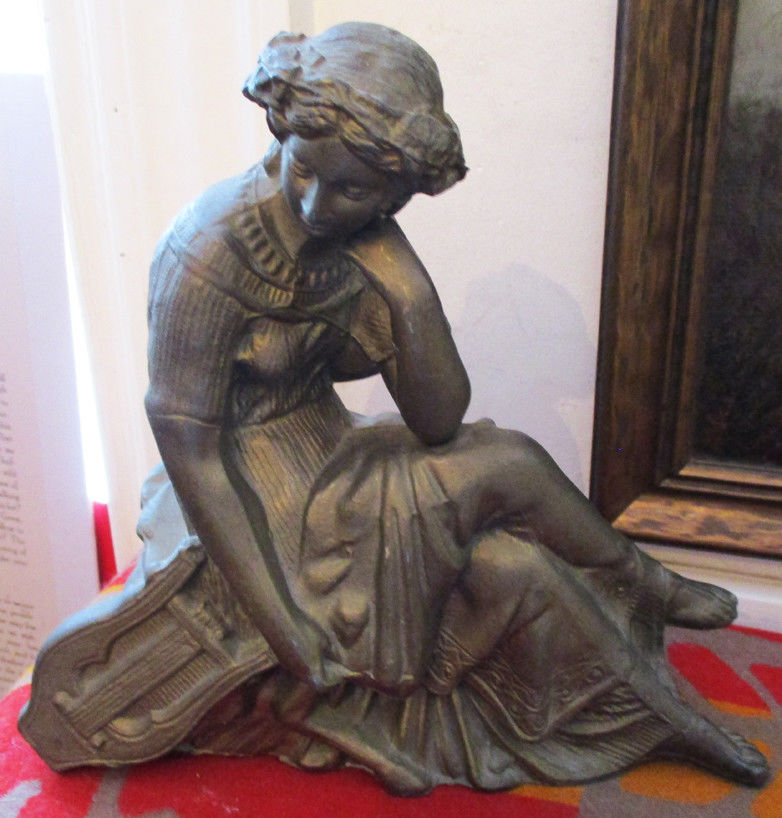 Antique White Metal STATUE Mantle Piece GREEK WOMAN GODDESS WITH LYRE