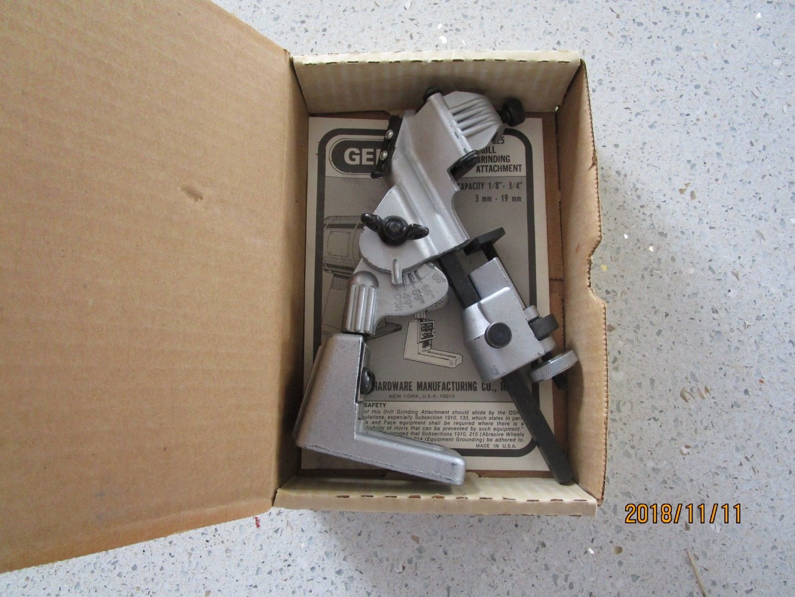 Vintage General Drill Bit Grinding Attachment Tool No. 825 in box w