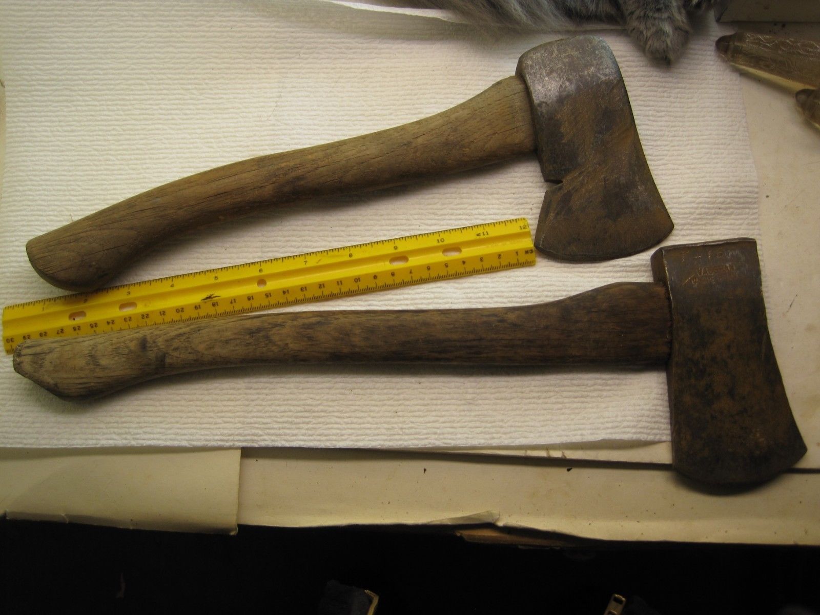 vintage junk drawer lot,wood tool,2 Camping hatchets,Vaughan Value