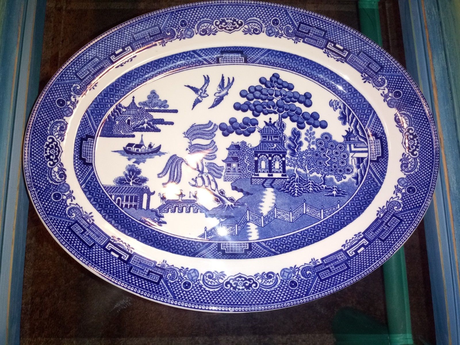 Antique Johnson Brothers England Blue WILLOW Pattern China Oval Serving