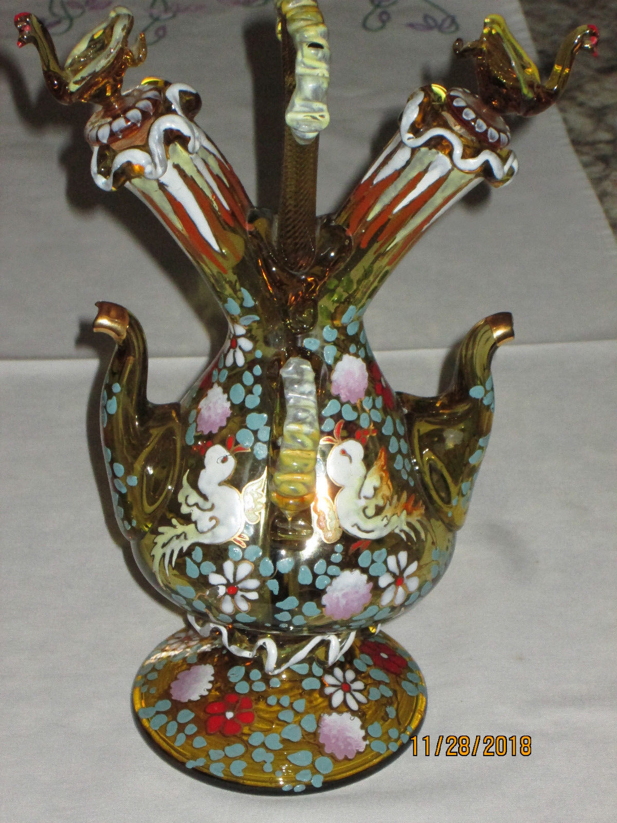 Moser Copy Spanish Hand Blown Decanter Double Spout Cruet Floral
