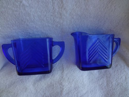 Vintage Hazel Atlas Chevron Cobalt Blue Depression Glass Creamer And