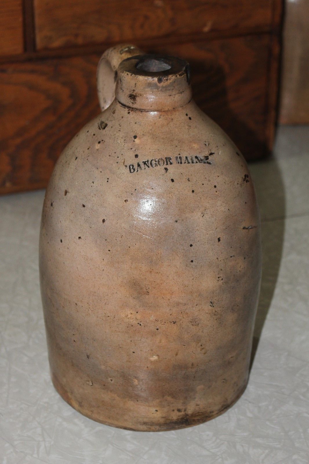 Antique 19thc Primitive Stoneware Pottery Jug Bangor Maine Antique