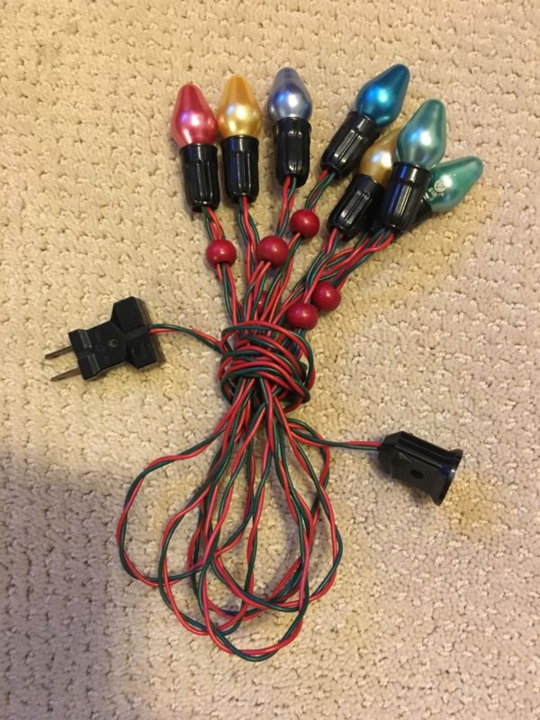 Vintage Noma C7 Christmas Lights, SatinGlo, wooden beads, plug with