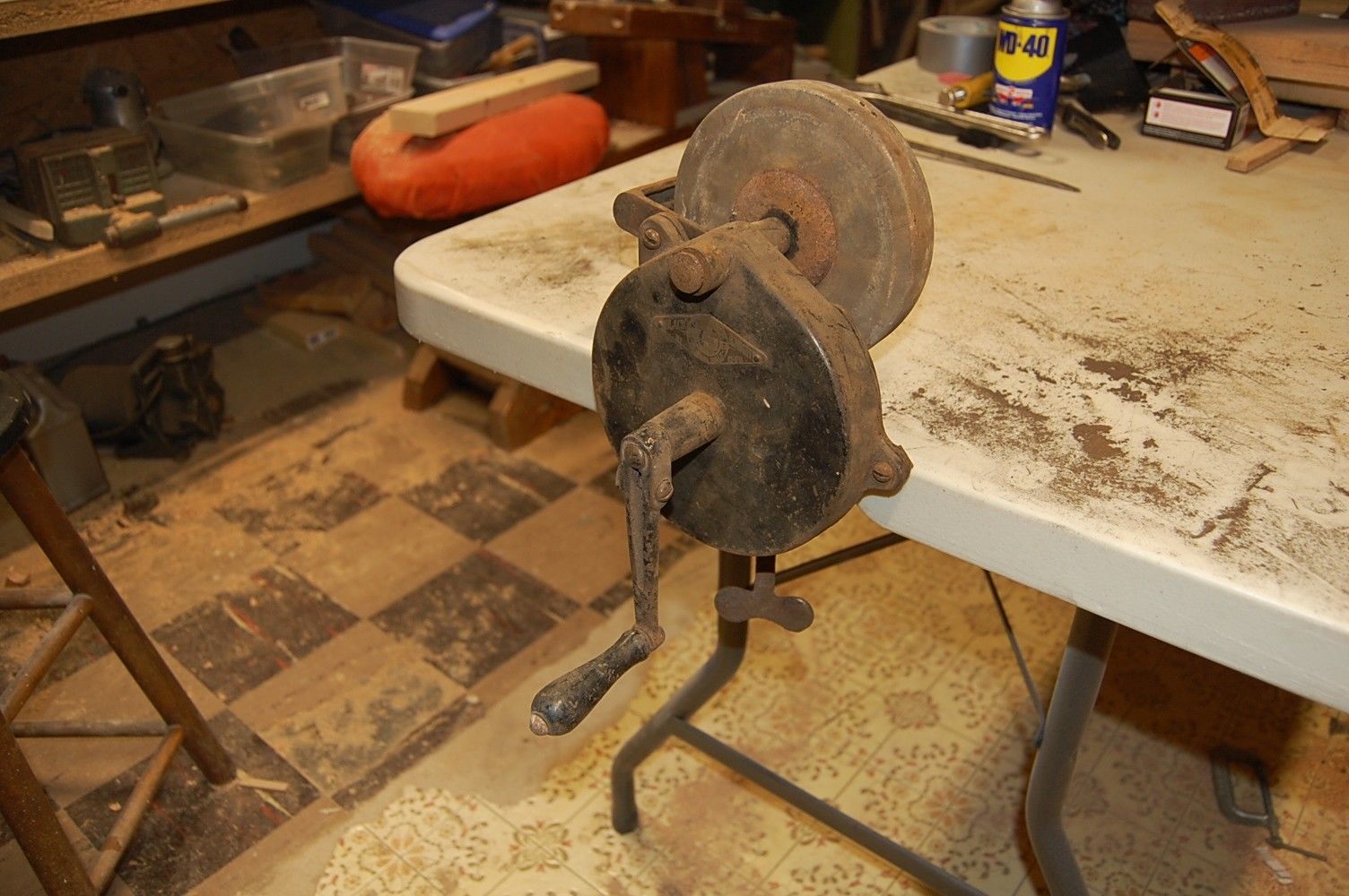 Vintage Clamp On Hand Crank Grinding Wheel, Sharpening Stone, Bench