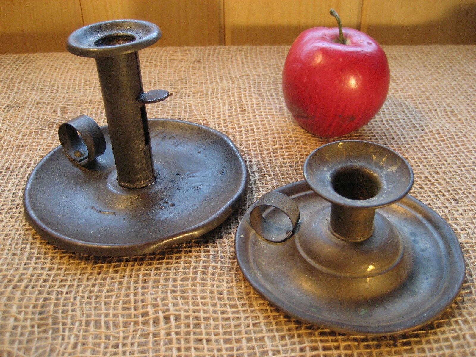 2 ANTIQUE CANDLE HOLDERSPUSH UP TIN CHAMBER STICK & BEDSIDE BRASS