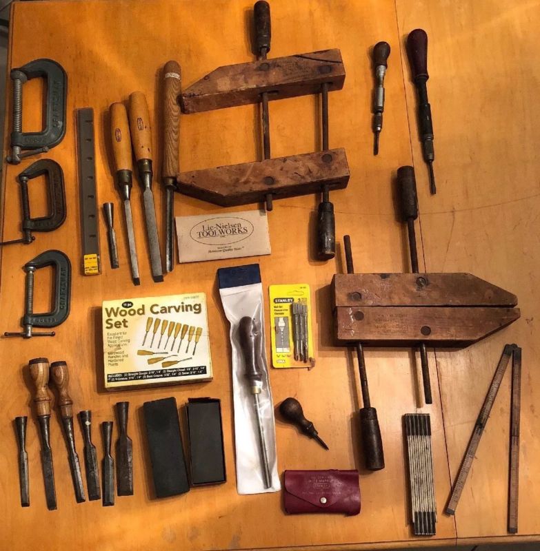Vintage Woodworking Tools Mixed Lot Large Clamps, Chisels Blades Etc ...