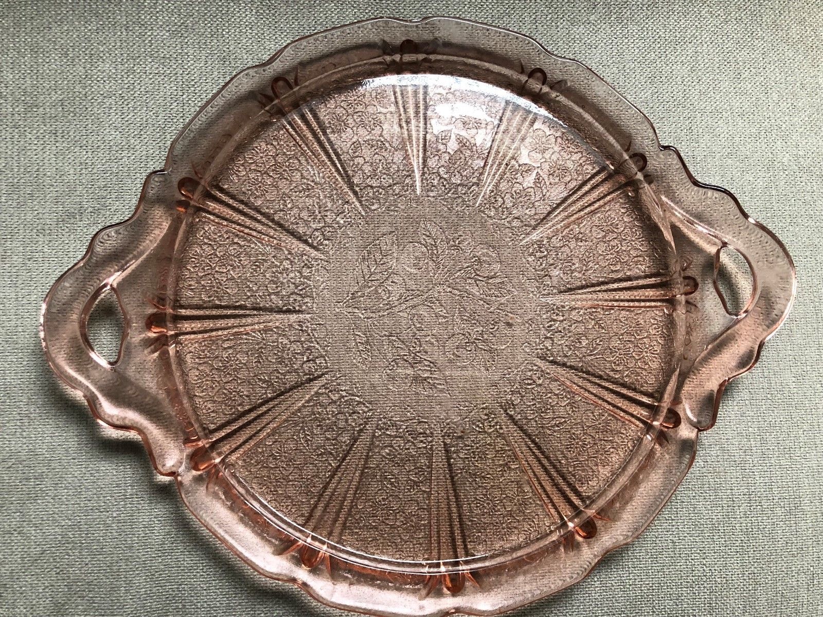 Vintage Depression Glass Cake Plate with Handles, Cherry Blossom