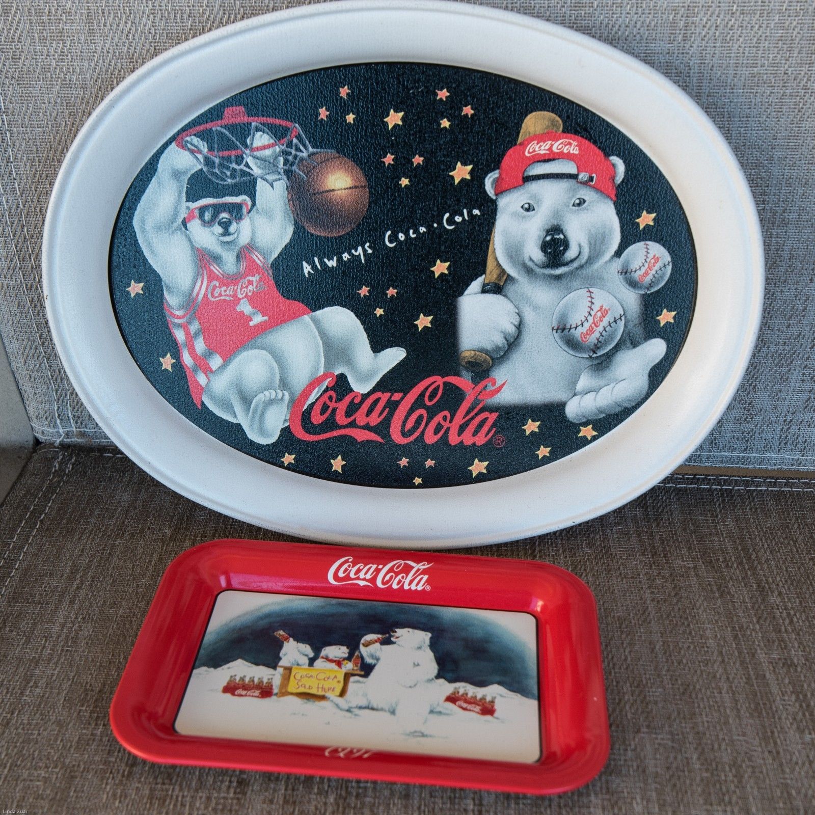 2 1997 COCA-COLA POLAR BEAR TIN TRAYS POLAR BEAR SPORTS & COCA-COLA