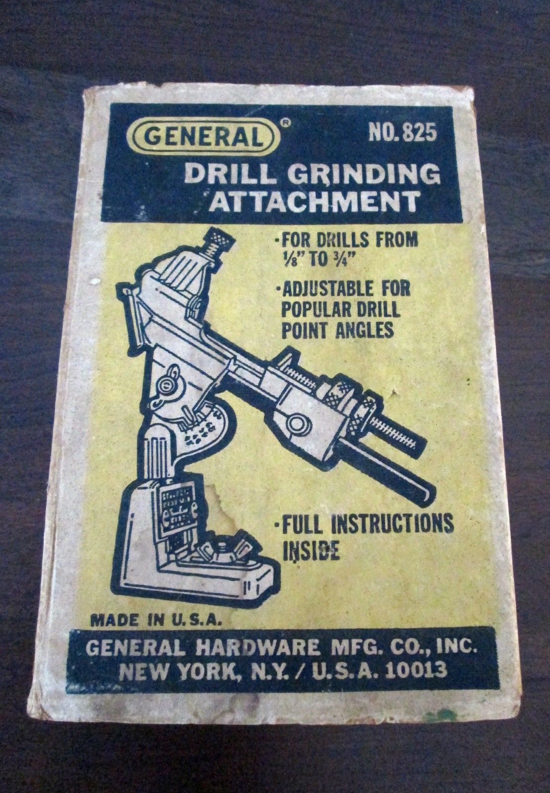 Vintage General Drill Bit Grinding Attachment Tool No. 825 in box w