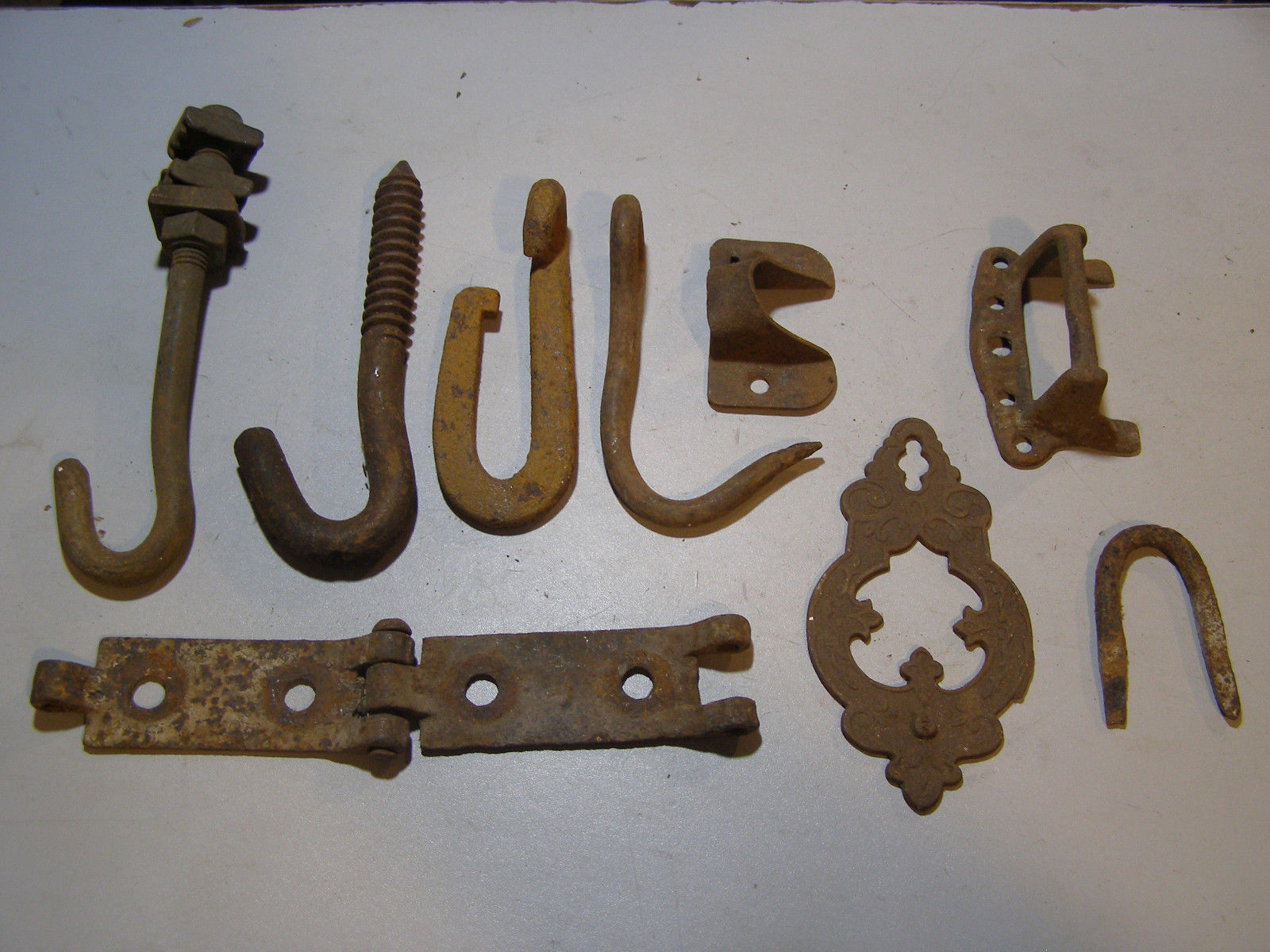 9 Pc Vintage Barn Find Old Iron Hardware Hhinge Decorative Plate Hooks