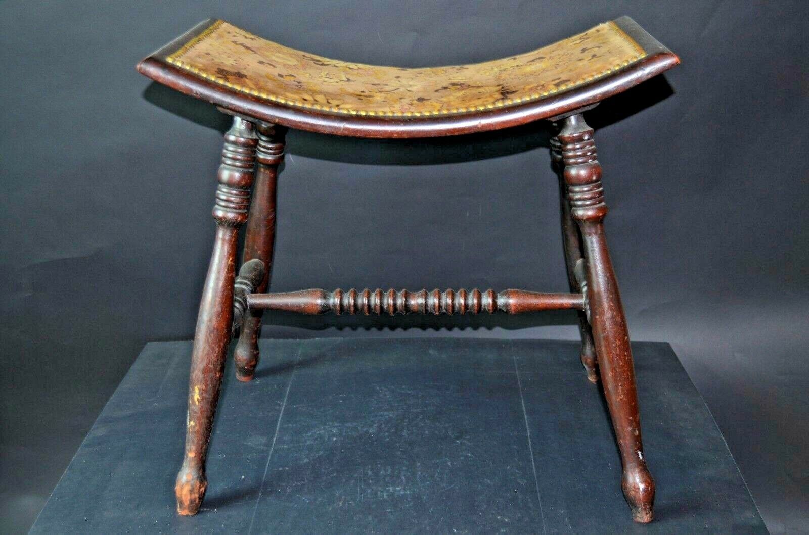 ANTIQUE WOODEN BENCH CHAIR w/ PADDED CURVED SEAT RARE curly early