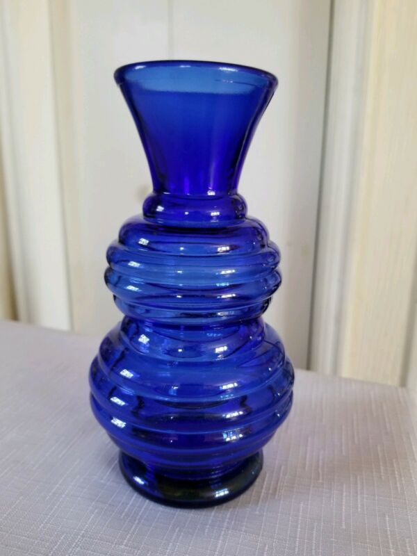 Vintage Cobalt Blue Depression Glass Beehive Vase 6