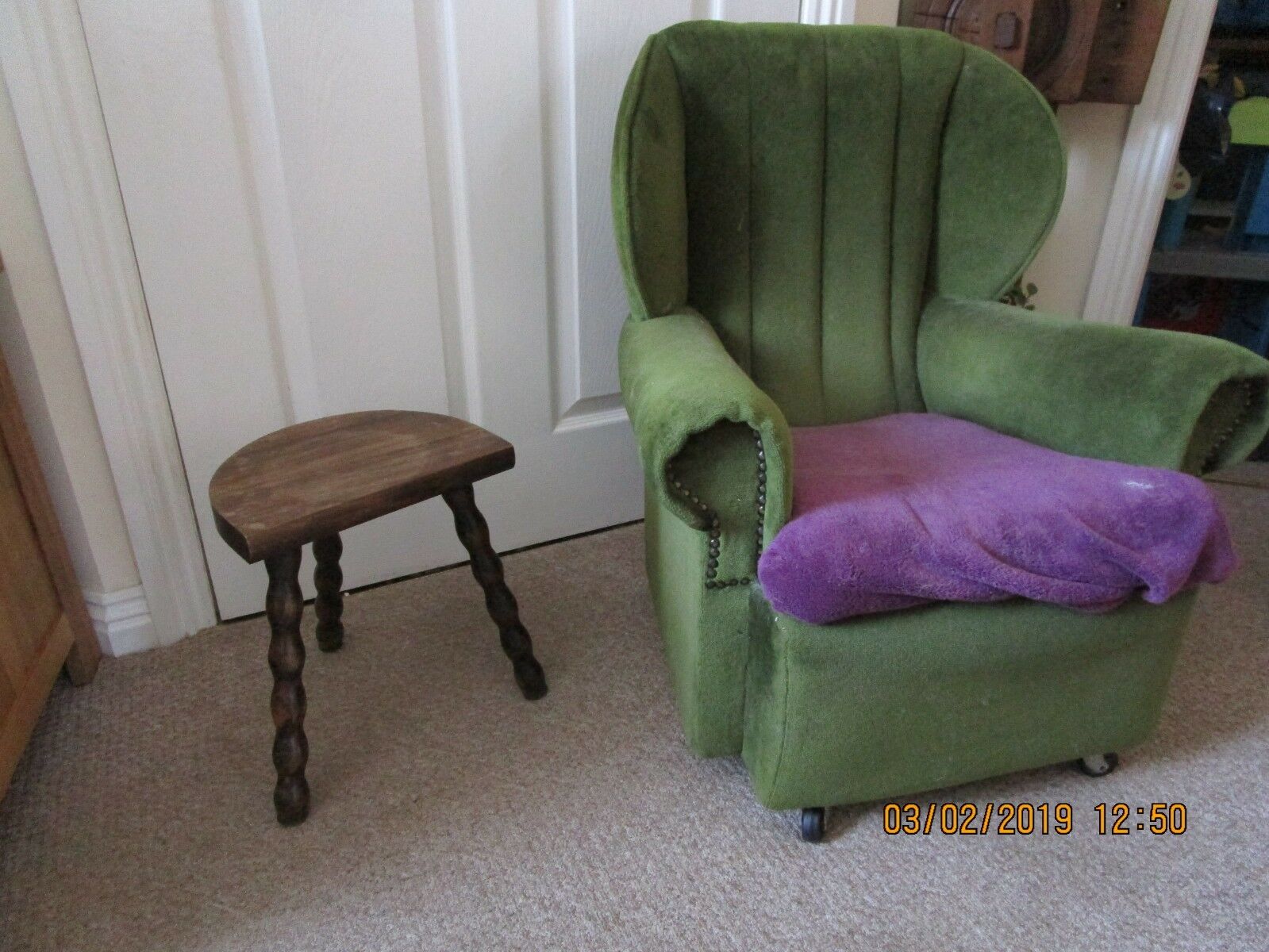 Vintage French Milking Stool 3 SPINDLE Legs HALF MOON Rustic Ideal