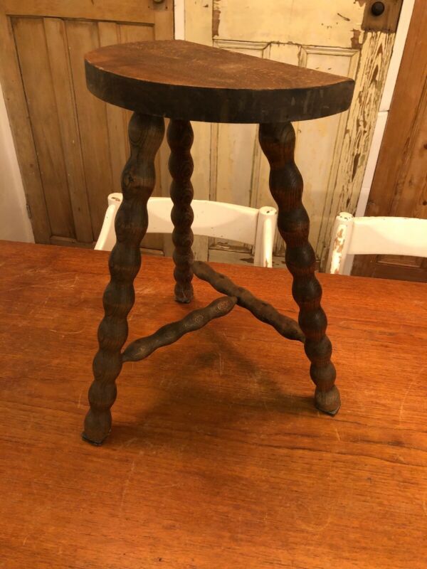 Vintage 3 Legged Bobbin Wooden Milking Stool / Plant Stand / Side Table
